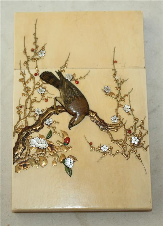 A fine Japanese ivory shibayama and lacquer card case, Meiji period, 11.4cm, age cracks